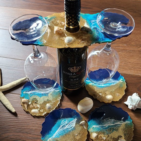 Beautiful Beachy Handmade Wine Caddy with Matching Coasters - Picture 5 of 7